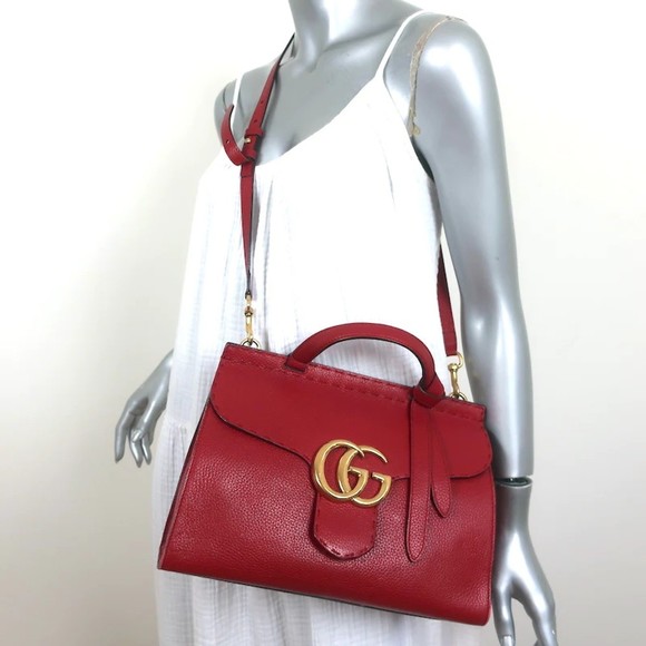 Gucci GG Marmont Small Top Handle Bag Red Grained Leather Crossbody - Picture 2 of 12